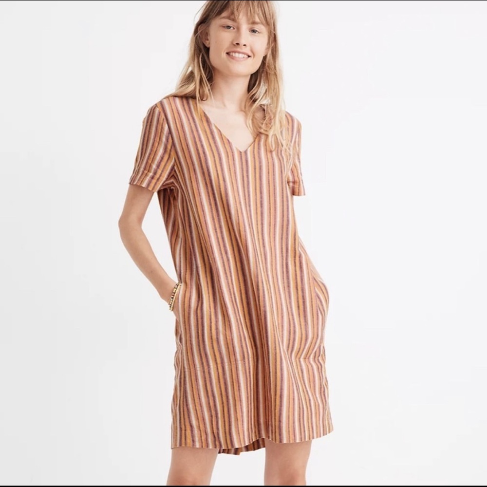 Madewell Button Back Easy Dress Rainbow Stripe Linen Cotton Size Small